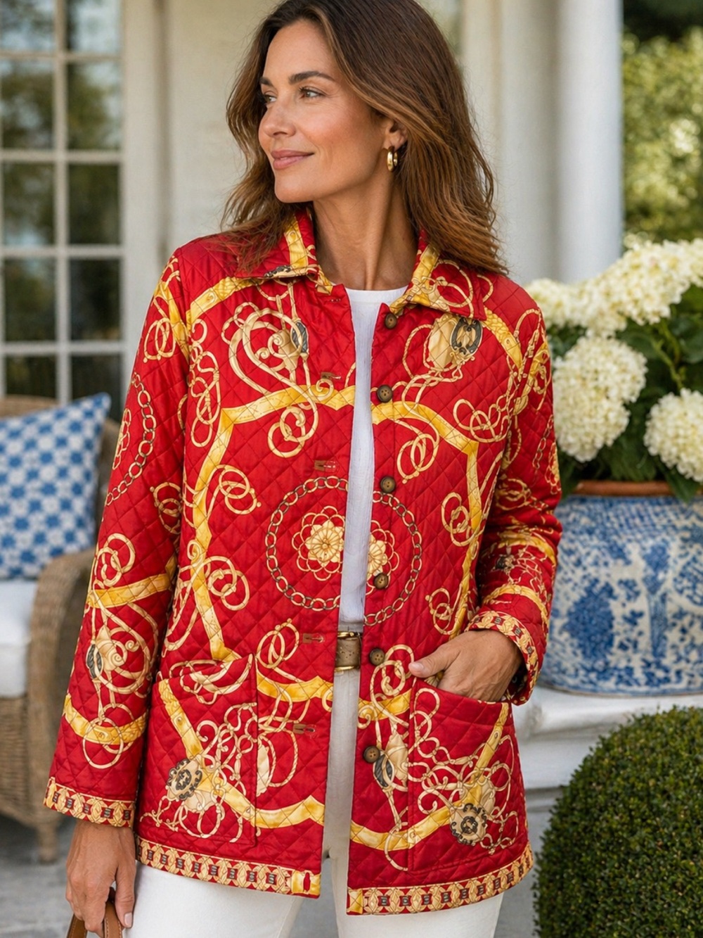 J. McLaughlin Silk Quilted Equestrian Jacket Red Gold M